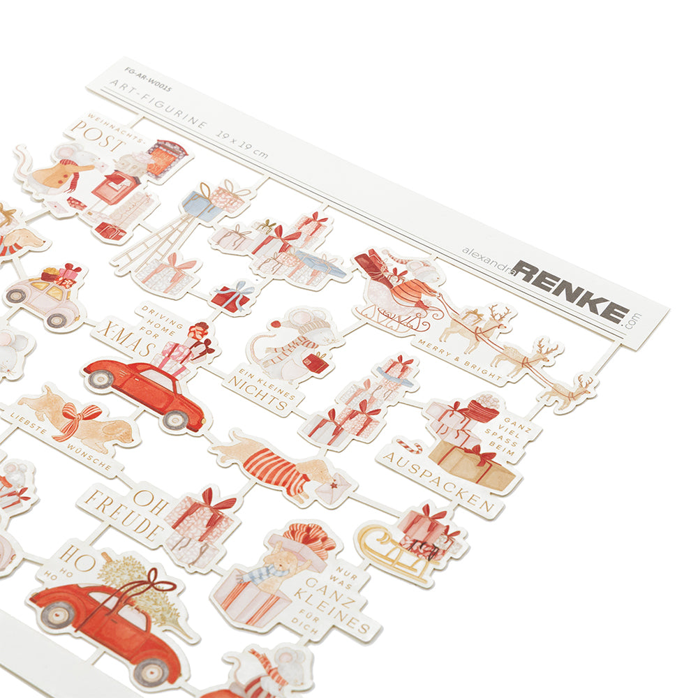 Bogen mit Papieraufklebern zum Thema Weihnachten mit Motiven wie Autos, Geschenken und deutschen Weihnachtssprüchen.