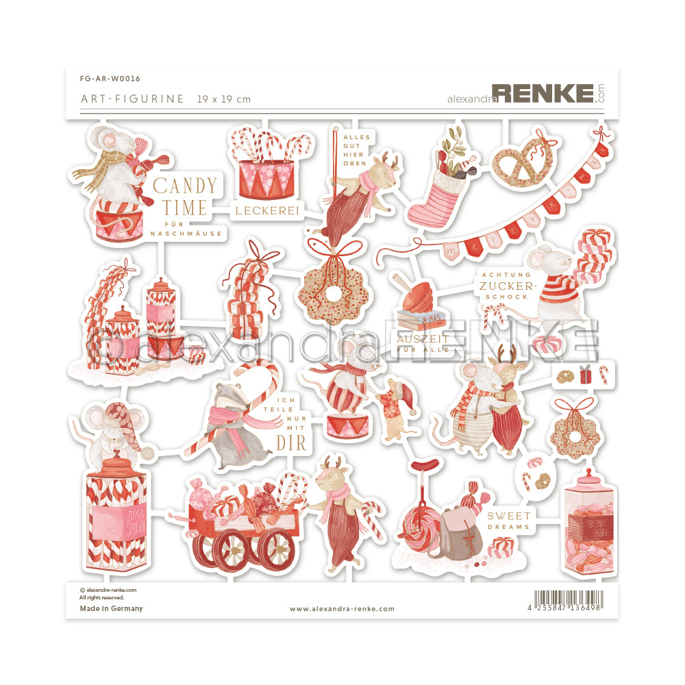 Bogen mit ausgestanzten Manufaktur-Figuren zum Thema Weihnachten mit Motiven wie Mäusen, Süßigkeiten und Geschenken.
