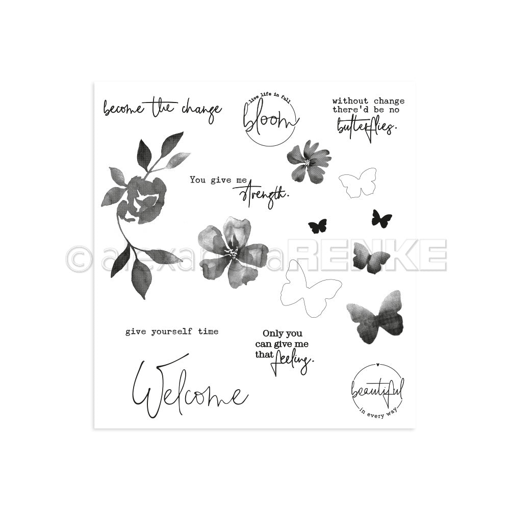 Schwarz-weiße Blumen- und Schmetterlingsmotive mit motivierenden handgeschriebenen Zitaten und "Welcome" - perfekt für Papierprojekte oder in Kombination mit Ihrem Lieblings Alexandra Renke Photopolymer Stempel Clear Stamp Set.