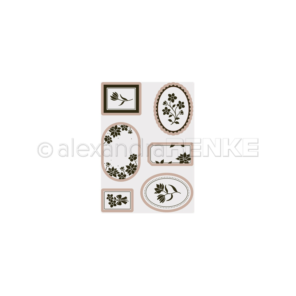 Ein Set aus sechs Rahmen mit verschiedenen botanischen Illustrationen, das für die Verwendung mit einer „Cut & Emboss“-Prägevorlage konzipiert ist.