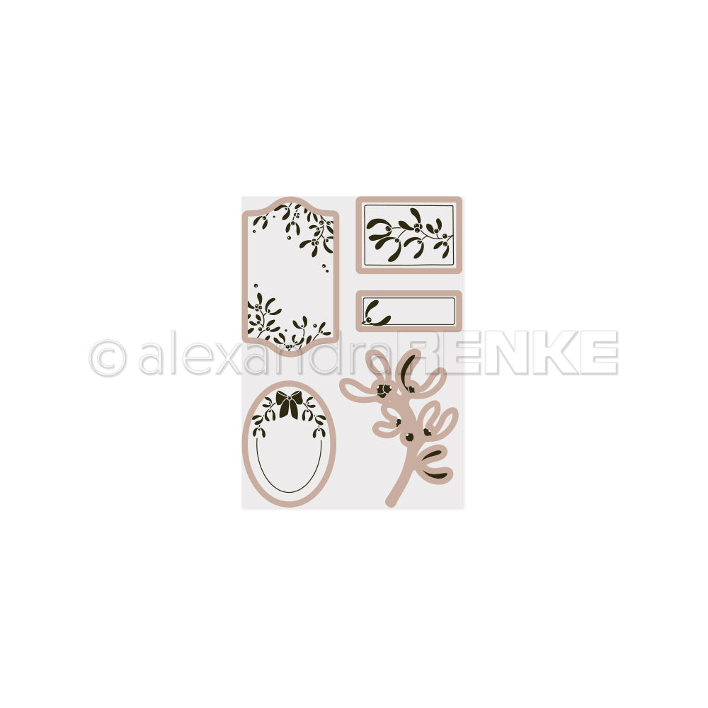 Ein Set mit Etiketten und Illustrationen zum Thema „Blumen-Mistel“, das für die Verwendung mit einer „Cut & Emboss“-Prägevorlage entworfen wurde.