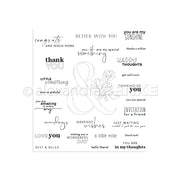 Schwarz-weißes Blatt von Alexandra Renke mit Dankbarkeits- und Grußformeln, mit einem großen Und-Zeichen mit Blumen. Ideal für kreative Projekte mit Photopolymer Stempel oder Clear Stamps.