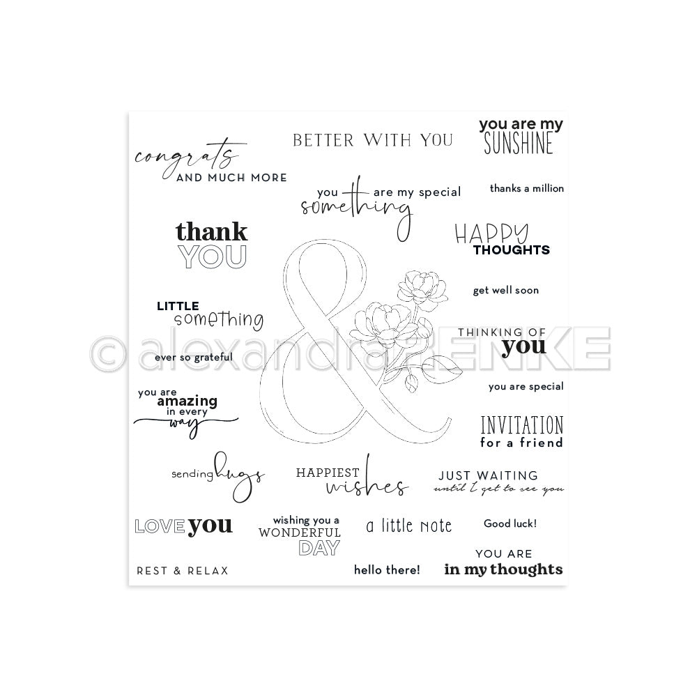 Schwarz-weißes Blatt von Alexandra Renke mit Dankbarkeits- und Grußformeln, mit einem großen Und-Zeichen mit Blumen. Ideal für kreative Projekte mit Photopolymer Stempel oder Clear Stamps.