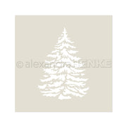 Eine weiße Tannenbaum-Silhouette, inspiriert von einem Stencil-Tannenbaum, steht in einem quadratischen Rahmen auf hellem Beige - ein stilvolles Design von Alexandra Renke Schablone, das sich perfekt für kreative oder wiederverwendbare Projekte eignet.