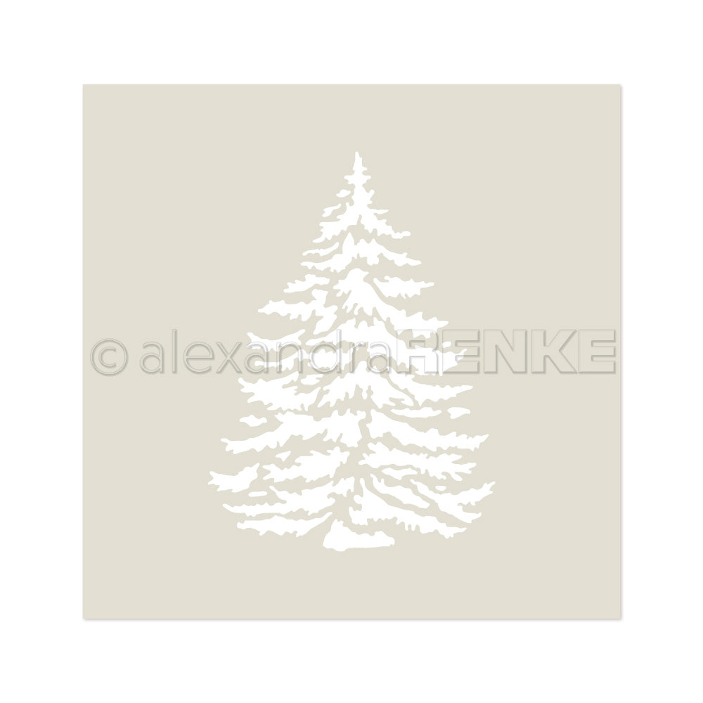 Eine weiße Tannenbaum-Silhouette, inspiriert von einem Stencil-Tannenbaum, steht in einem quadratischen Rahmen auf hellem Beige - ein stilvolles Design von Alexandra Renke Schablone, das sich perfekt für kreative oder wiederverwendbare Projekte eignet.