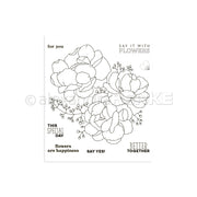 Schwarz-weiße florale Illustration mit großen Blumen und Sprüchen wie "Blumen sind Glück" - ideal für Alexandra Renke Clear Stamps oder Photopolymer Stempel Projekte.
