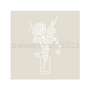 Weiße Strichzeichnung von Blumen in einer Vase auf einem hellbeigen Hintergrund, inspiriert von der Schablone Dahlienstrauß von Alexandra Renke. Ideal für die Gestaltung eleganter DIY-Kunst mit wiederverwendbaren Schablonen.