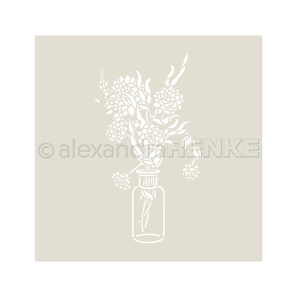 Weiße Strichzeichnung von Blumen in einer Vase auf einem hellbeigen Hintergrund, inspiriert von der Schablone Dahlienstrauß von Alexandra Renke. Ideal für die Gestaltung eleganter DIY-Kunst mit wiederverwendbaren Schablonen.