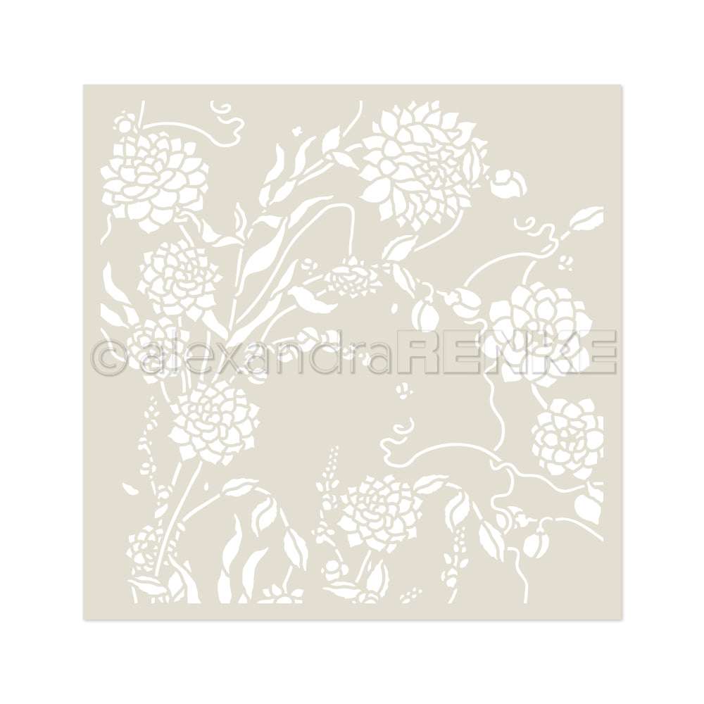 Die quadratische Schablone von Alexandra Renke zeigt ein weißes florales Muster aus blühenden Blumen und Blättern auf Beige, perfekt für Schablonen Papierprojekte oder elegante Designs mit wiederverwendbaren Schablonen wie Stencil Dahlienwirbel.