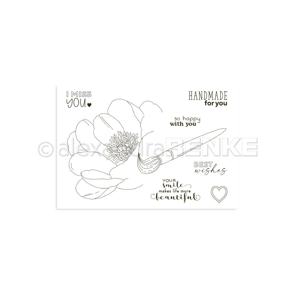 Schwarz-weiße Blumenillustration von Alexandra Renke mit handgeschriebenen Botschaften wie "I miss you" und "Handmade for you". Ideal für die Verwendung mit Clear Stamps oder Photopolymer Stempel.