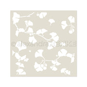 Weiße Ginkgoblätter und -zweige auf beigem, quadratischem Hintergrund von Alexandra Renke, perfekt für Schablone Papierprojekte oder als wiederverwendbare Schablone Ginkgowirbel in Ihren kreativen Entwürfen.