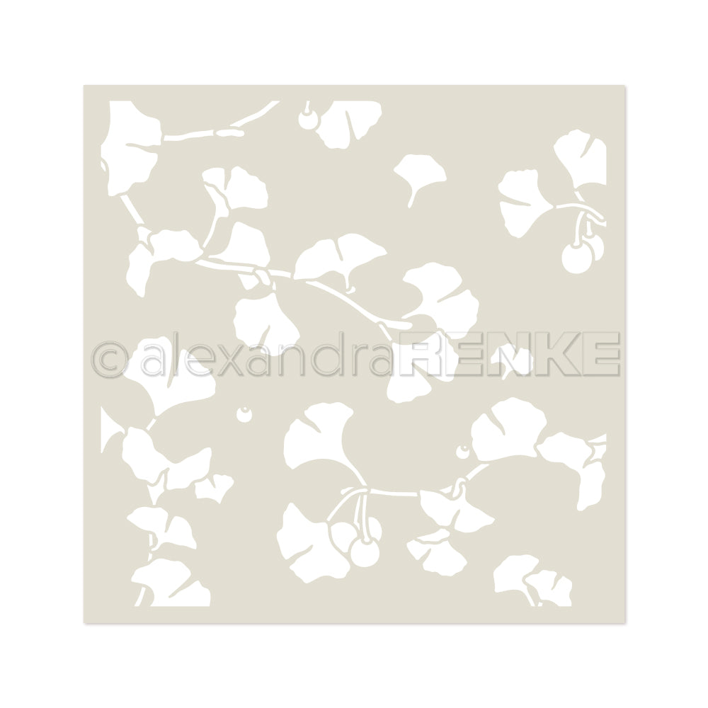 Weiße Ginkgoblätter und -zweige auf beigem, quadratischem Hintergrund von Alexandra Renke, perfekt für Schablone Papierprojekte oder als wiederverwendbare Schablone Ginkgowirbel in Ihren kreativen Entwürfen.