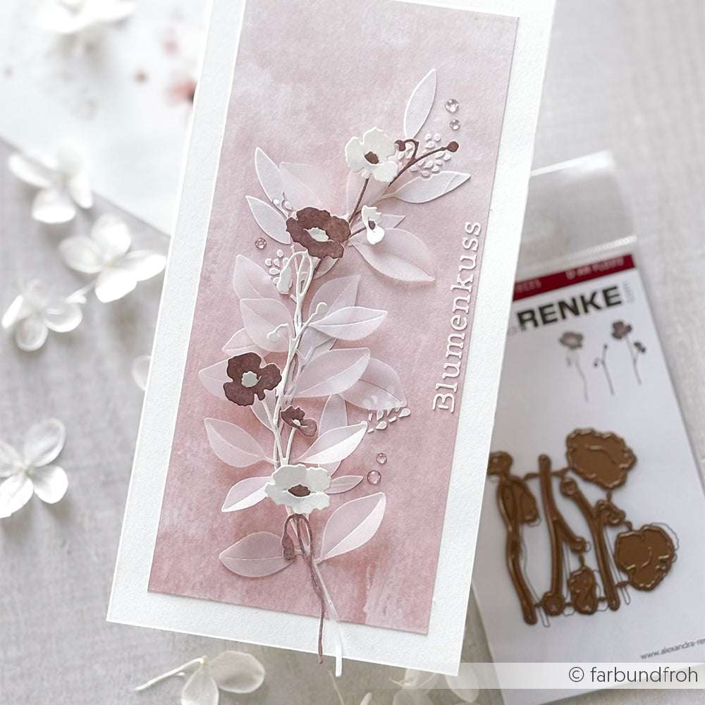 Handgefertigte Karte von Alexandra Renke mit weißen und braunen Blumen auf Rosa, Metallblumenstanzungen und wiederverwendbaren Schablonen - ideal für Schablone Papierprojekte oder um einen Stencil Blätterzweig Akzente zu setzen.