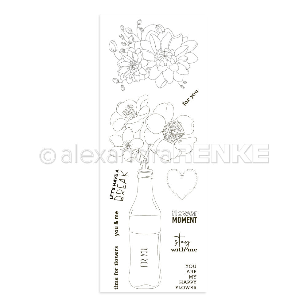 Alexandra Renkes Line Art von Blumen in der Flasche zeigt verschiedene florale Skizzen und Ausdrücke wie "Flower Moment" und "For You", die sich perfekt für kreative Projekte mit Clear Stamps eignen.