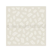 Das beigefarbene Quadrat von Alexandra Renke zeichnet sich durch ein sich wiederholendes Muster aus weißen, stilisierten Blattformen aus, die über die Oberfläche verstreut sind und an ein zartes Schablonenmuster erinnern.