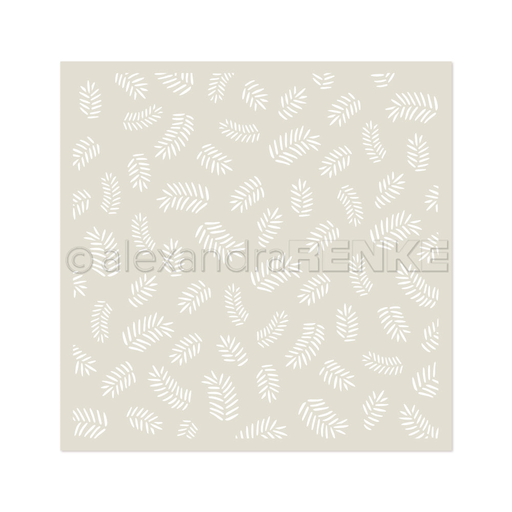 Das beigefarbene Quadrat von Alexandra Renke zeichnet sich durch ein sich wiederholendes Muster aus weißen, stilisierten Blattformen aus, die über die Oberfläche verstreut sind und an ein zartes Schablonenmuster erinnern.