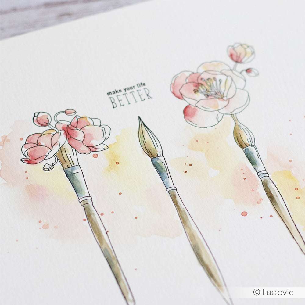 Aquarellmalerei von Pinseln mit blühenden Blumen mit der Überschrift "make your life BETTER", inspiriert durch das Alexandra Renke Blumenpinsel Clear Stamp Set - perfekt für kreative Projekte und Photopolymer-Stempeldesigns.