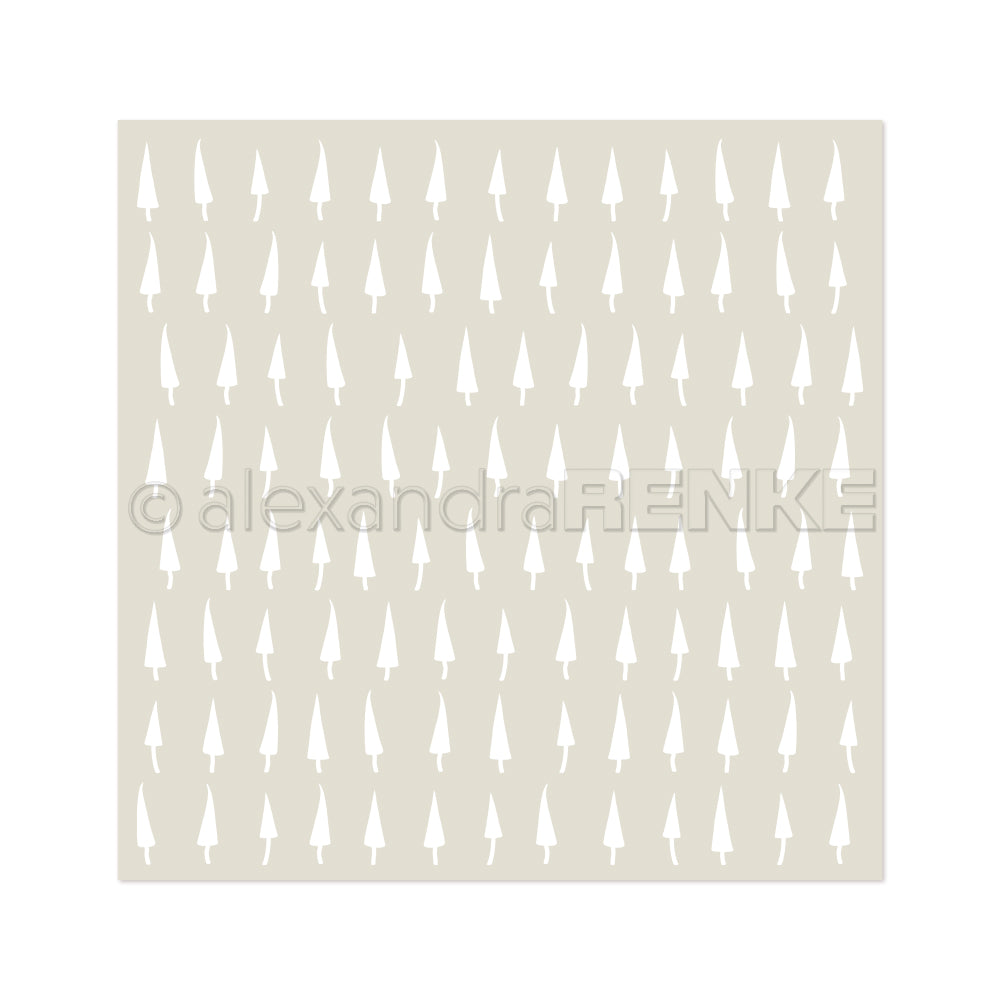 Beigefarbenes Quadrat mit einem sich wiederholenden Muster aus schlichten weißen Weihnachtsbaumsilhouetten von Alexandra Renke, ideal für Schablonen Papierprojekte oder mit wiederverwendbaren Schablonen wie "Stencil Schiefe Tannen".