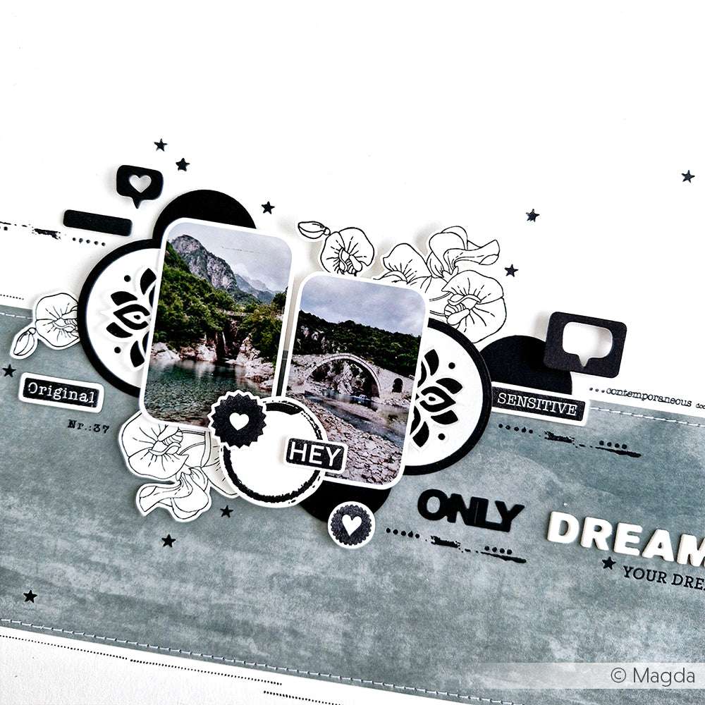 Scrapbook-Seite mit Fotos von Flüssen und Bergen, schwarz-weißen floralen Akzenten aus dem Alexandra Renke Wickenblumen Happy Klarsichtstempelset und Worten wie HEY und DREAM.