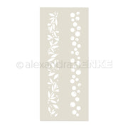 Die rechteckige Schablone Schablonen von Alexandra Renke mit dem Muster Musterstreifen Beeren auf der linken Seite und einem kreisförmigen Blasenmotiv auf der rechten Seite eignet sich perfekt für kreative Projekte und ist mehrfach verwendbar.