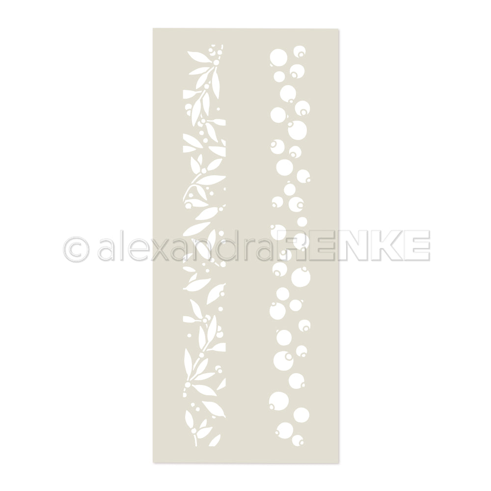 Die rechteckige Schablone Schablonen von Alexandra Renke mit dem Muster Musterstreifen Beeren auf der linken Seite und einem kreisförmigen Blasenmotiv auf der rechten Seite eignet sich perfekt für kreative Projekte und ist mehrfach verwendbar.