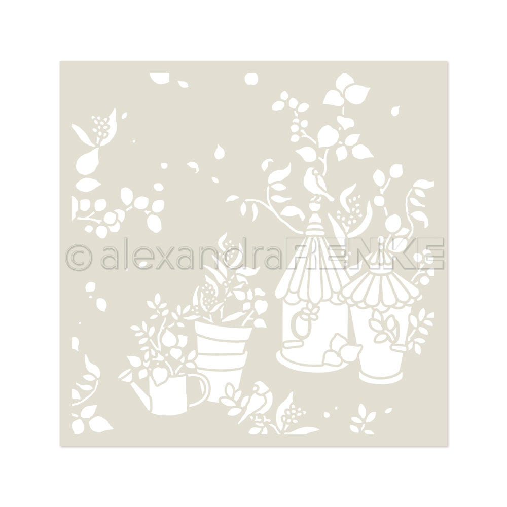 Schablonenkunst mit Vogelhäuschen, Topfpflanzen und Vögeln mit belaubten Zweigen auf beige von Alexandra Renke - ideal für Papierprojekte oder die Verwendung einer Schablone wiederverwendbar in Ihren kreativen, garteninspirierten Bastelarbeiten.