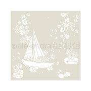 Weiße Silhouette eines Segelbootes mit Blumen und Blättern auf hellbeige, ideal für Schablonen Papierprojekte oder Kunst mit wiederverwendbaren Stencils wie dem Stencil Meereswirbel von Alexandra Renke.