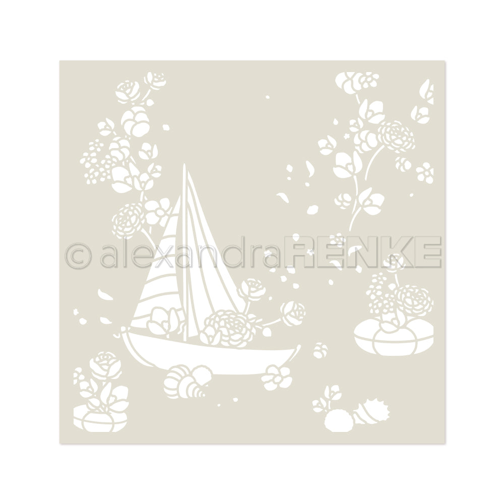 Weiße Silhouette eines Segelbootes mit Blumen und Blättern auf hellbeige, ideal für Schablonen Papierprojekte oder Kunst mit wiederverwendbaren Stencils wie dem Stencil Meereswirbel von Alexandra Renke.