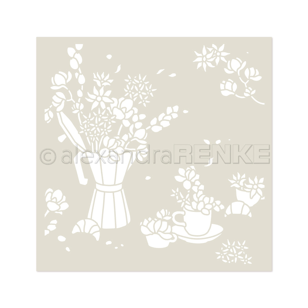 Schablonenbild einer Blumenvase, Blumentasse und Streublumen auf hellem Hintergrund - ideal für Schablonen für Papierprojekte oder kreative Gestaltungen mit wiederverwendbaren Stencils von Alexandra Renke.