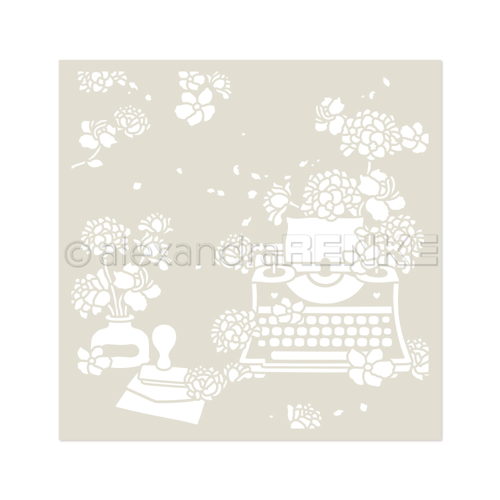 Schablonenartige Illustration einer Schreibmaschine, Blumen, eines Tintenfasses und eines Stempels auf beigem Hintergrund von Alexandra Renke - ideal für die Erstellung charmanter, wiederverwendbarer Designs, inspiriert von Schablonen und Schreibliebe Wirbel.