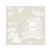 Schablonenartige Illustration einer Schreibmaschine, Blumen, eines Tintenfasses und eines Stempels auf beigem Hintergrund von Alexandra Renke - ideal für die Erstellung charmanter, wiederverwendbarer Designs, inspiriert von Schablonen und Schreibliebe Wirbel.