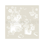 Schablonen-Illustration einer Vintage-Kamera mit Blumen, einem Fotokuvert und verstreuten Fotos - eine ideale Inspiration für kreative Schablonen-Designs oder Papierprojekte von Alexandra Renke.