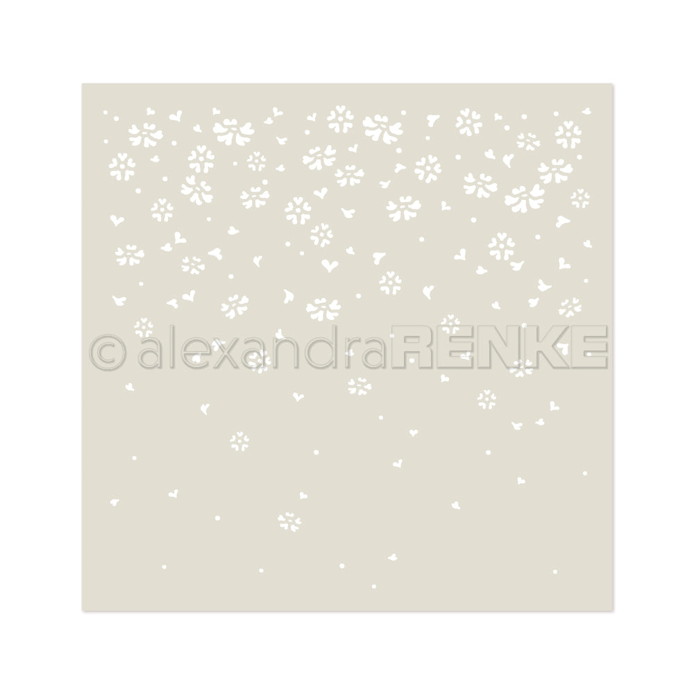 Beigefarbenes Quadrat mit verstreuten weißen Blumen- und Blütensilhouetten, inspiriert von Alexandra Renkes Schablone Herzblütenfall, die sich nach oben hin verdichten und auslaufen - ideal für Schablonen Papierprojekte oder wiederverwendbare Schablonen.