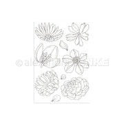 Vertikal angeordnete Linienzeichnungen von Blumen und Blättern auf weißem Hintergrund von Alexandra Renke - ideal für Floraler Sommer-Designs oder zum Hinzufügen zu Ihren bevorzugten Clear Stamp- und Photopolymer-Bastelprojekten.