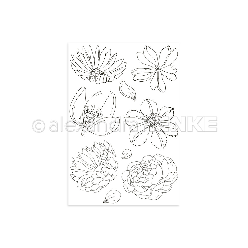 Vertikal angeordnete Linienzeichnungen von Blumen und Blättern auf weißem Hintergrund von Alexandra Renke - ideal für Floraler Sommer-Designs oder zum Hinzufügen zu Ihren bevorzugten Clear Stamp- und Photopolymer-Bastelprojekten.