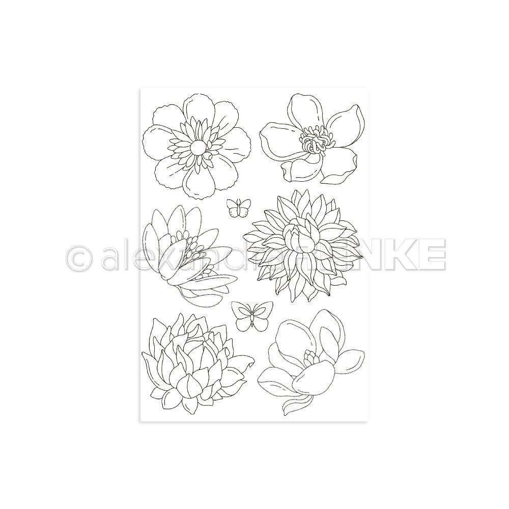 Strichzeichnungen von Blumen und Schmetterlingen auf weißem Hintergrund, perfekt zum Basteln mit Alexandra Renke Photopolymer-Klarsichtstempeln. Inspiriert von Sommerblüten-Motiven, verleihen diese zarten Designs jedem kreativen Projekt Charme.