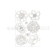 Strichzeichnungen von Blumen und Schmetterlingen auf weißem Hintergrund, perfekt zum Basteln mit Alexandra Renke Photopolymer-Klarsichtstempeln. Inspiriert von Sommerblüten-Motiven, verleihen diese zarten Designs jedem kreativen Projekt Charme.