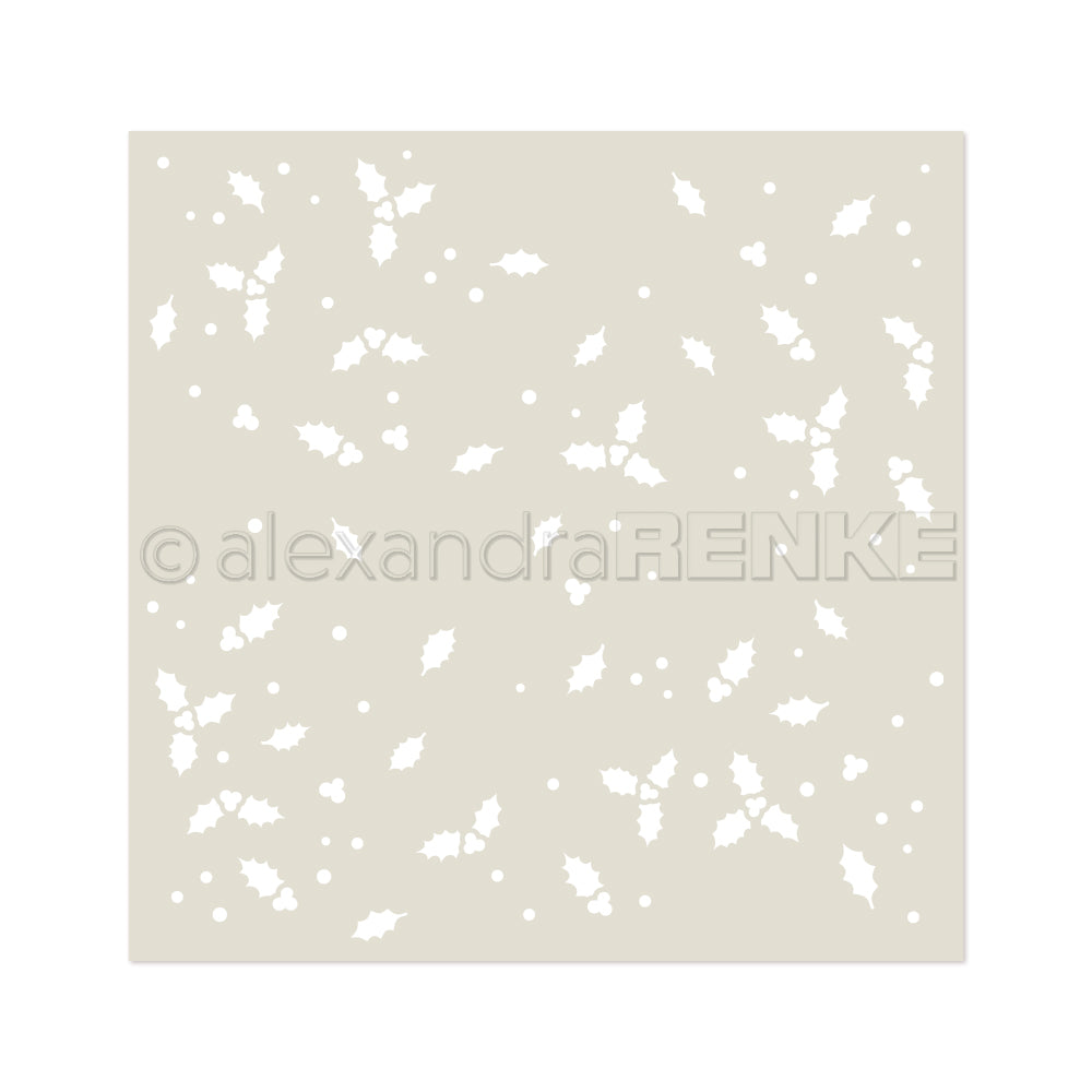 Schablone „Ilex Wirbel“ von Alexandra Renke mit einem wiederverwendbaren Motiv aus weißen Stechpalmenblättern und -beeren auf hellem Hintergrund.