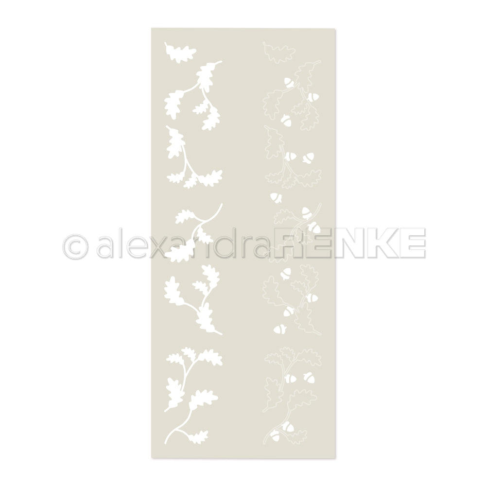 Eine hohe, rechteckige Schablone mit zwei Reihen aus Blättern und Eicheln der Weißeiche auf beigem Hintergrund, ideal für Projekte mit mehrlagigem Schablonenpapier.