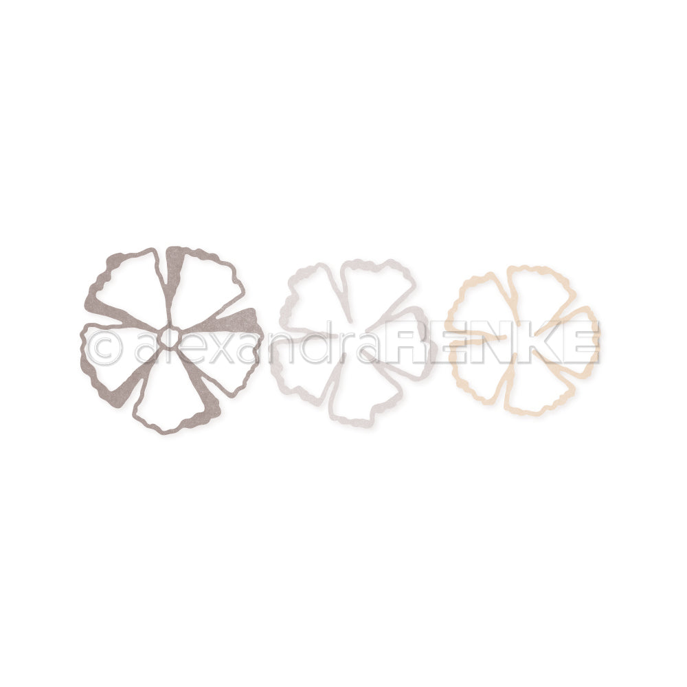 Drei blumenförmige Stanzteile von Alexandra Renke in Metall, Weiß und Beige, die in einer Reihe auf weißem Hintergrund angeordnet sind. Ideal, um Ihren Designpapieren oder Bastelprojekten Charme zu verleihen.