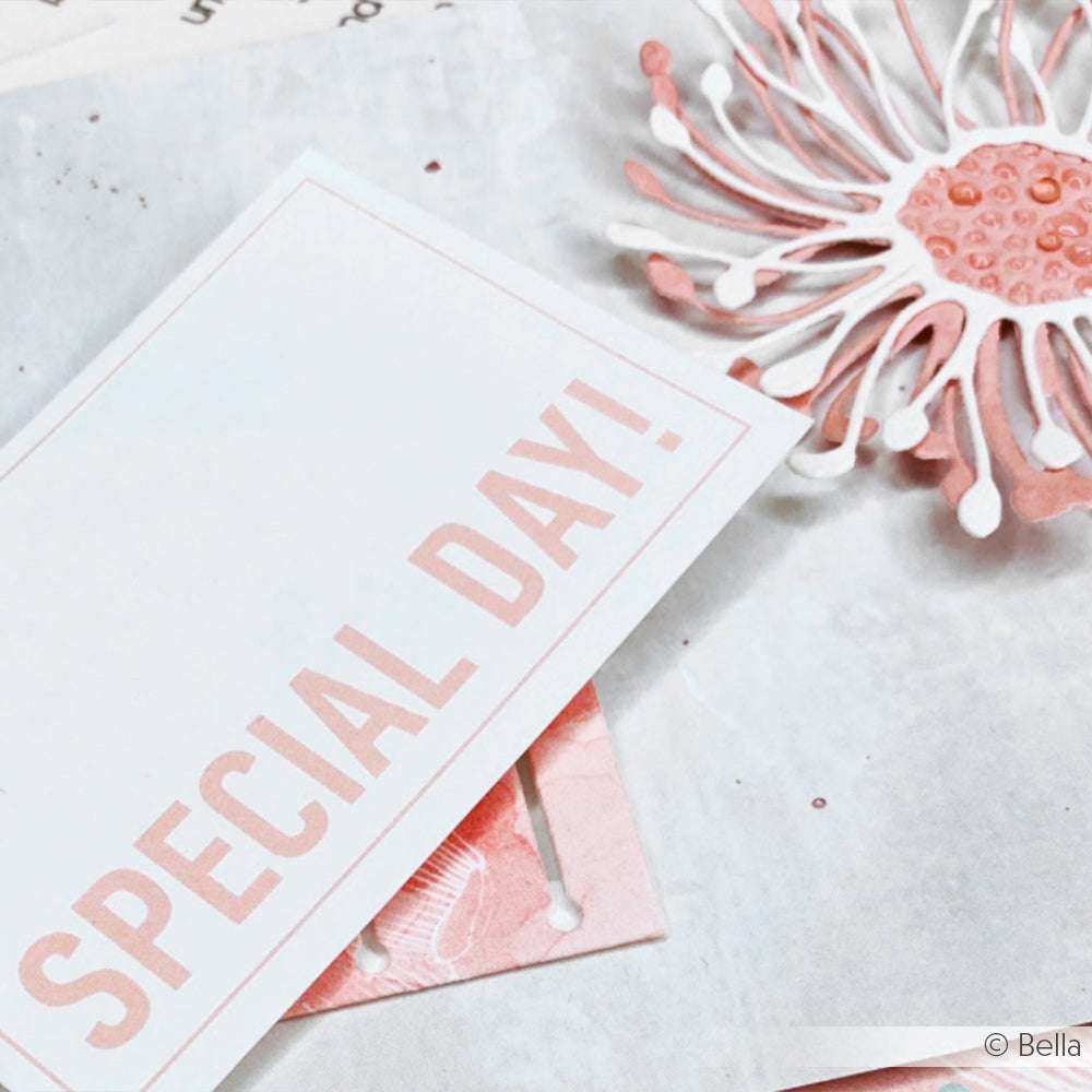 Karte mit der Aufschrift SPECIAL DAY! neben einer rosafarbenen und weißen Papierblume, die mit der Motivstanze Fadenblume von Alexandra Renke aus eleganten Designpapieren auf einem hellen Hintergrund gestaltet wurde.