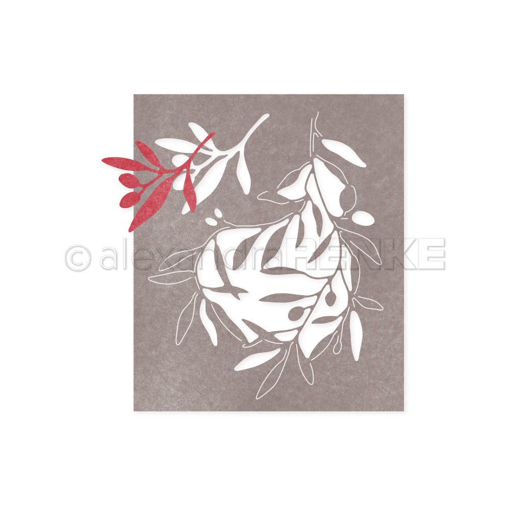 Minimalistische Illustration von weißen und roten Blättern auf grauem Hintergrund von Alexandra Renke - ideal für kreative Projekte mit Designpapieren oder als Akzent mit Motivstanze Olivenzweig Stanzsysteme.