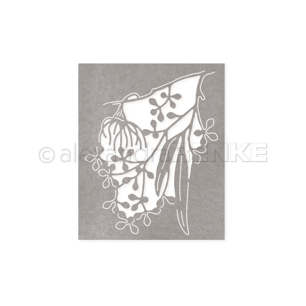 Minimalistische weiße Strichzeichnung von Eukalyptusblättern und Samenkapseln - Motivstanze Eukalyptuszweig von Alexandra Renke auf grauem Hintergrund, ideal für kreative Designpapiere oder Stanzsysteme.