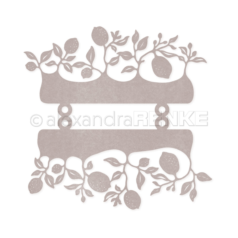 Gestanztes Zitronen- und Blattwerkdesign aus der Motivstanze Abhefter Zitronen von Alexandra Renke umrahmt zwei leere Rechtecke - ideal für Ihre Designpapiere.