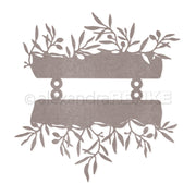 Auf weißem Hintergrund wachsen zwei horizontale Vintage-Banner mit belaubten Ästen, inspiriert von Alexandra Renkes Motivstanze Oliven, durch die sie hindurchwachsen - ideal für die Verwendung mit Stanzsystemen und eleganten Designpapieren.