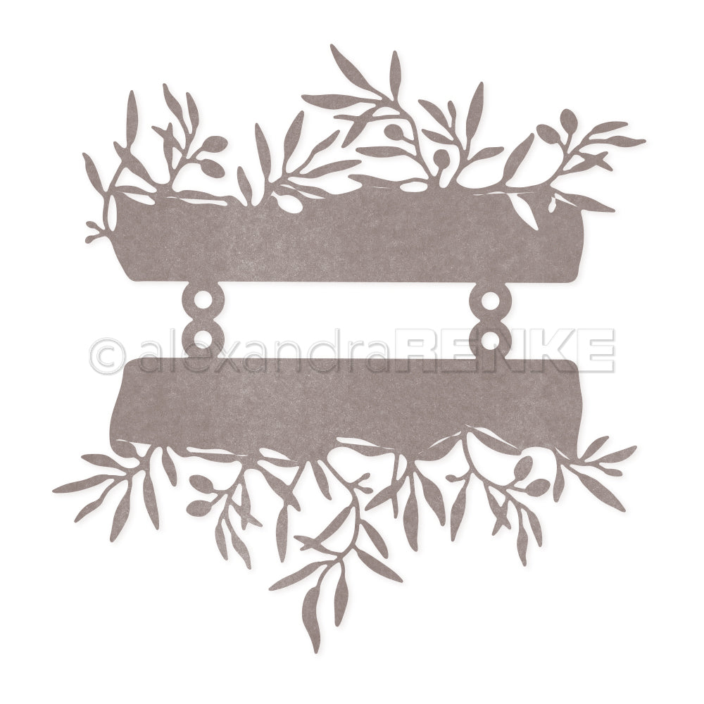 Auf weißem Hintergrund wachsen zwei horizontale Vintage-Banner mit belaubten Ästen, inspiriert von Alexandra Renkes Motivstanze Oliven, durch die sie hindurchwachsen - ideal für die Verwendung mit Stanzsystemen und eleganten Designpapieren.