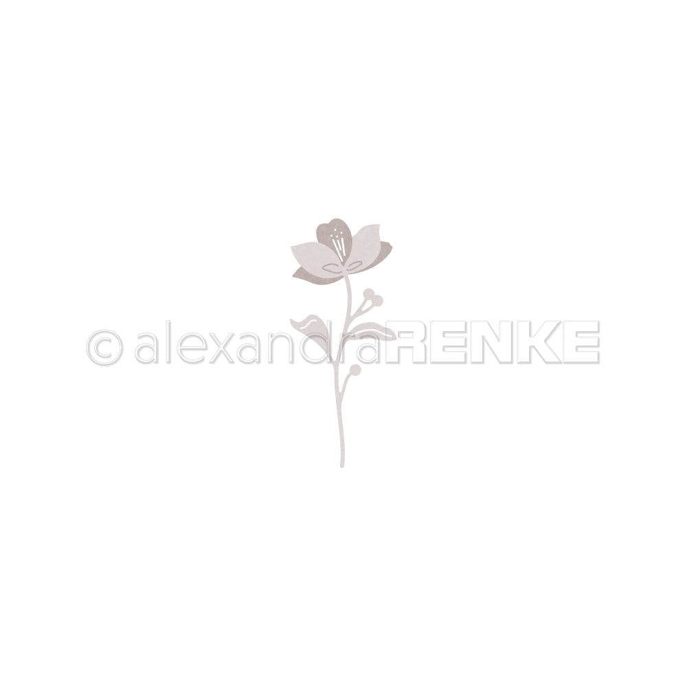 Minimalistische Illustration einer einzelnen hellbraunen Blume mit Stängel und Blättern auf weißem Hintergrund, inspiriert von den klaren Linien von Alexandra Renke's Stanzsysteme Motivstanze Steck-Apfelblüte dies.