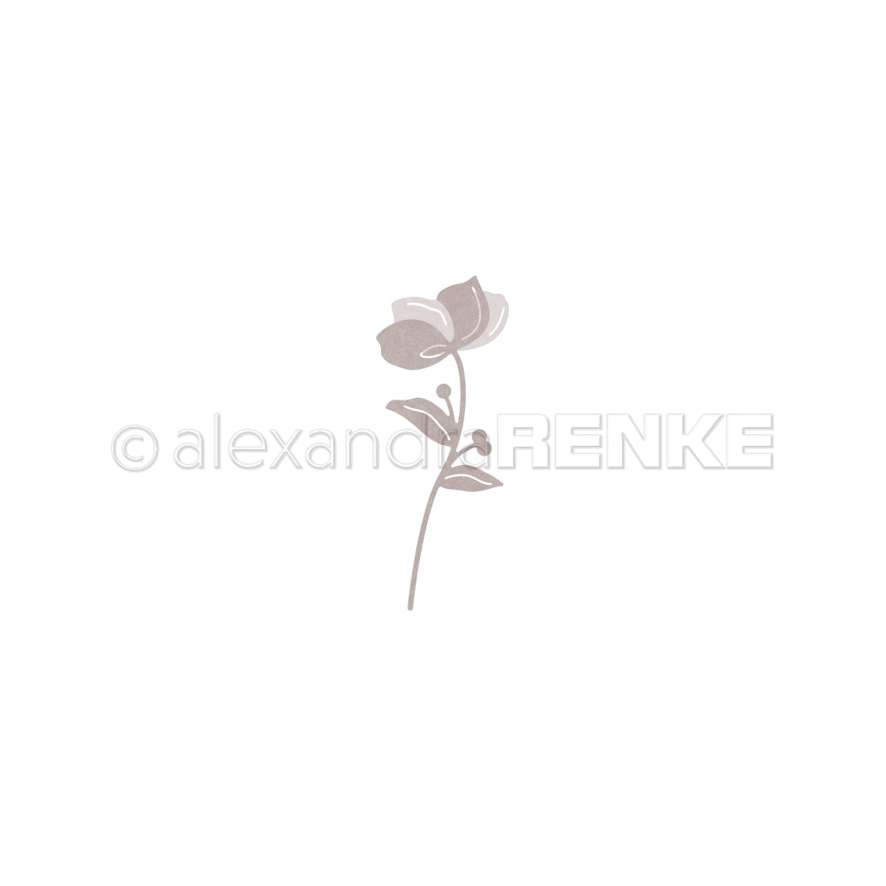 Minimalistische Illustration einer einzelnen Rose mit gedämpften Tönen auf weißem Hintergrund, inspiriert von Alexandra Renke und zarten Designpapieren.