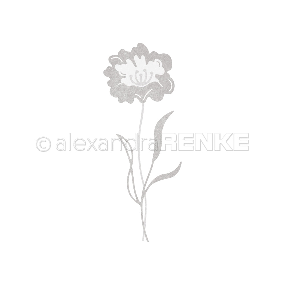 Einfache graue Skizze einer einzelnen Blume mit Stängel und Blättern auf weißem Hintergrund, inspiriert von Alexandra Renke, perfekt, um Ihren Designpapieren Eleganz zu verleihen.