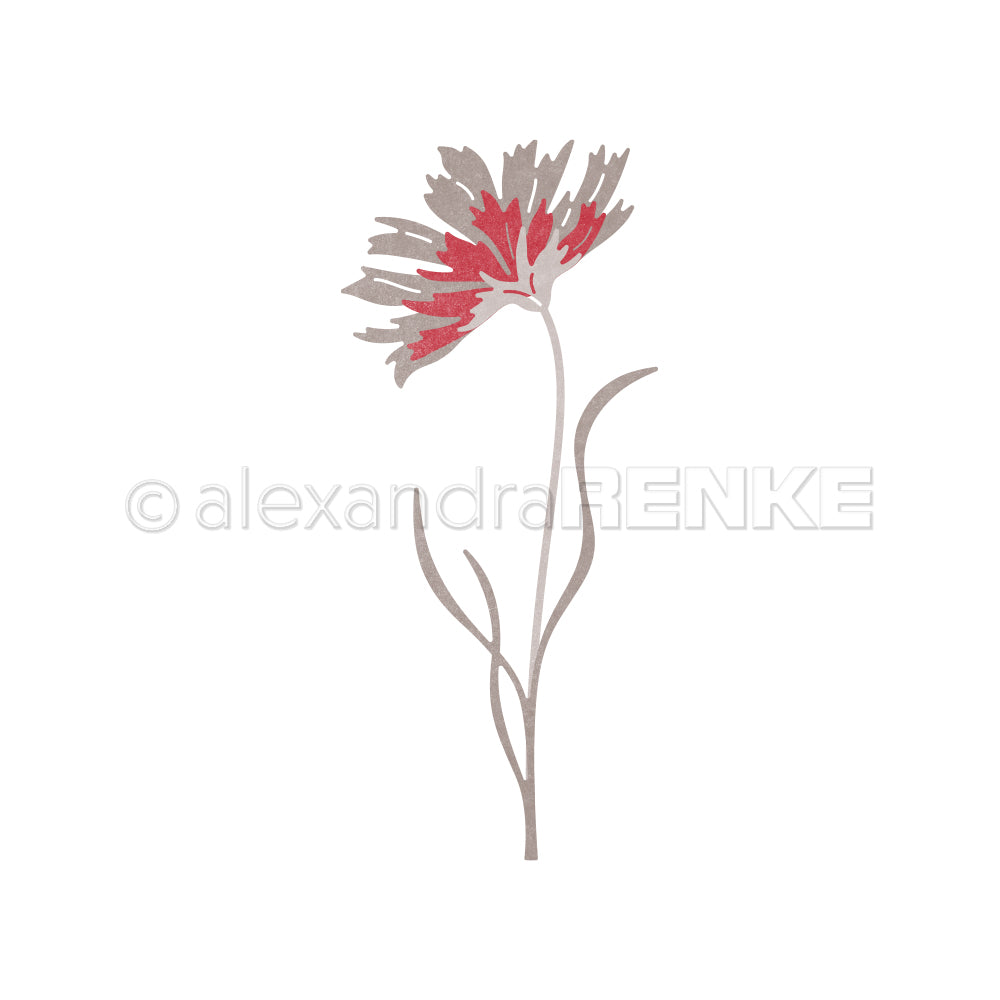 Minimalistische Illustration einer einzelnen roten und grauen Blume mit langem, dünnem Stiel und Blättern auf weißem Hintergrund, inspiriert von Alexandra Renke's Motivstanze Schichtblume 5 designpapiere techniques.